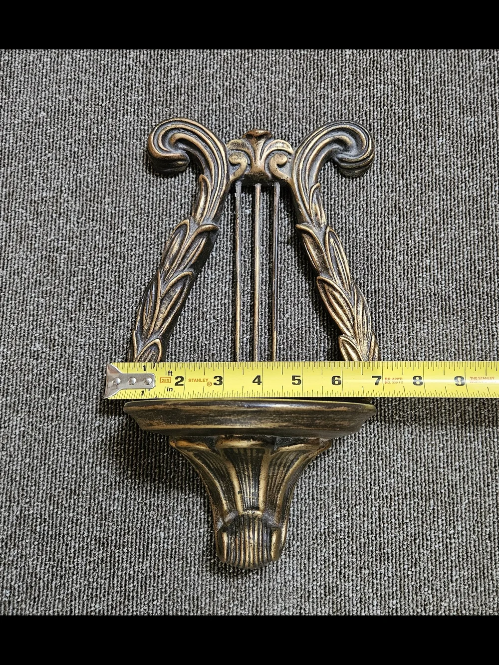 Vintage Chalkware Lyre Harp Shaped Wall Shelf~Bronze Tone 12